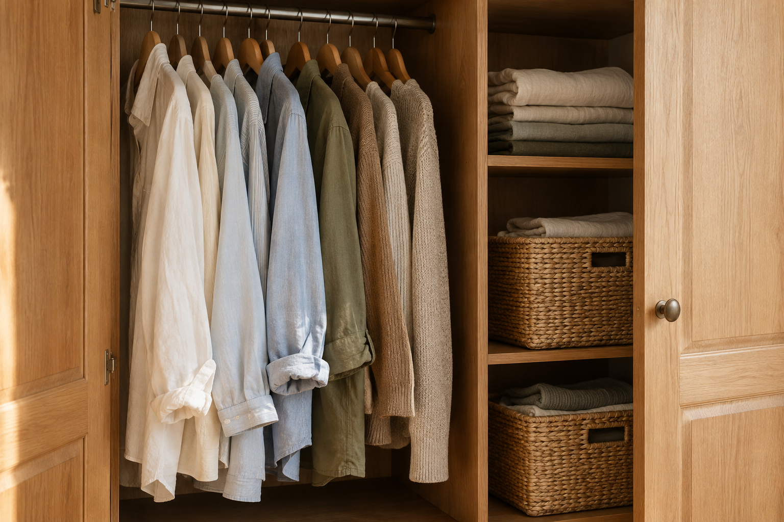Clothes arranged in a wardrobe